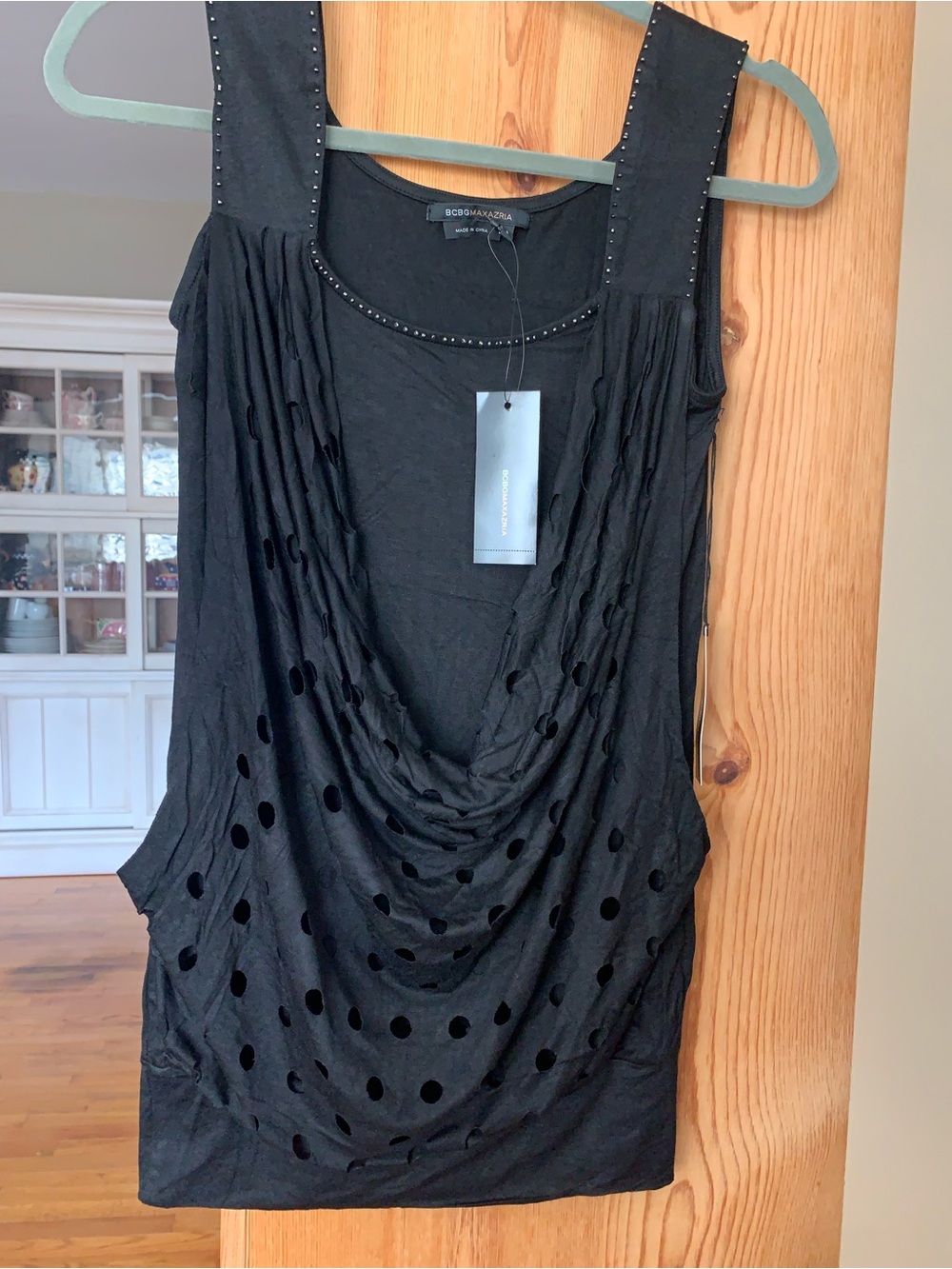 BCBGMaxAzria Black Draped Polka Dot Studded Strap Tank